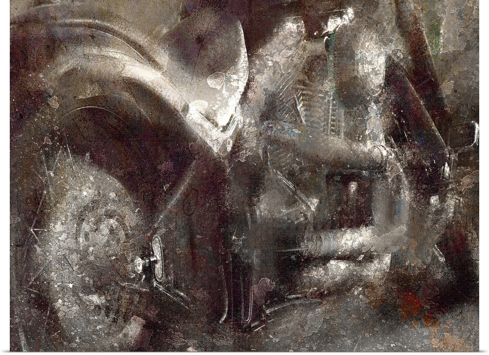 Abstract painting of a motorcycle in dark grey shades.