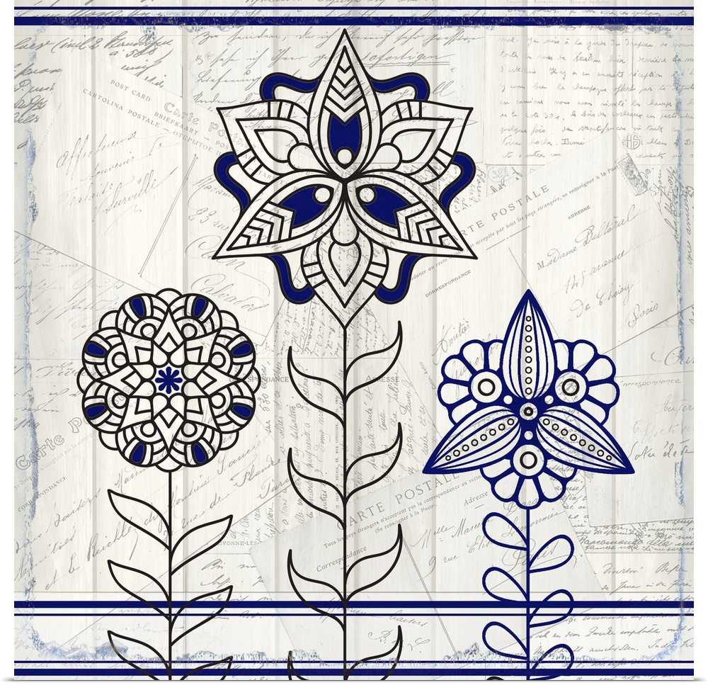 A black and blue symmetric design of three flowers with a collage of handwritten postcards in the background.