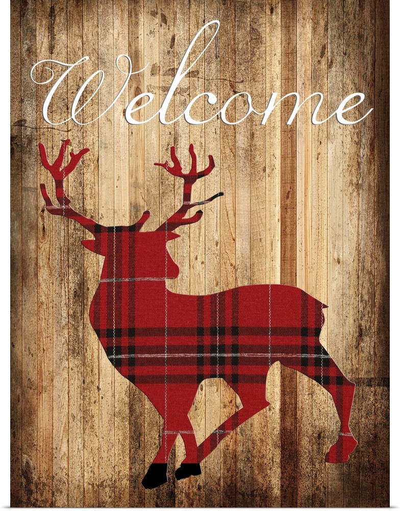 Silhouette of a deer in red plaid on a wooden board background.