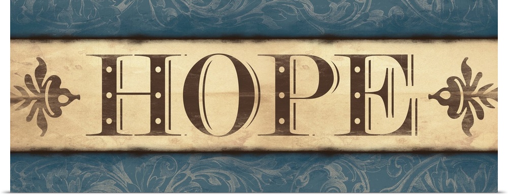 Landscape oriented inspirational artwork with the word "Hope" in the center of the image. With a floral patterned background.