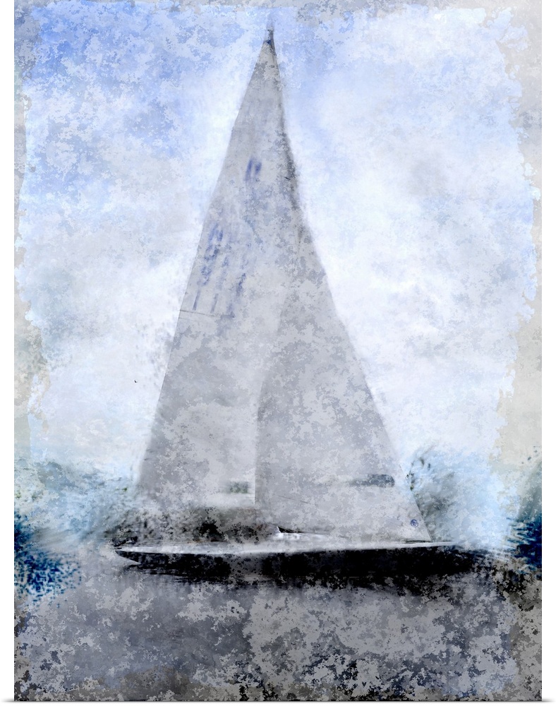 Contemporary artwork of a sailboat with a tall sharp sail sitting in a harbor with an overall smokey appearance.