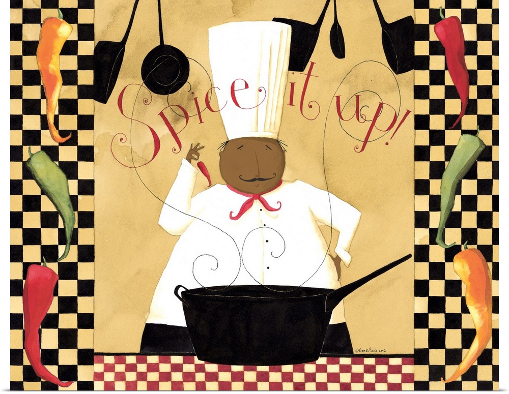 Happy chef standing in front of a sauce pan with steam rising from it. With the words "Spice it up" at the top of the image.