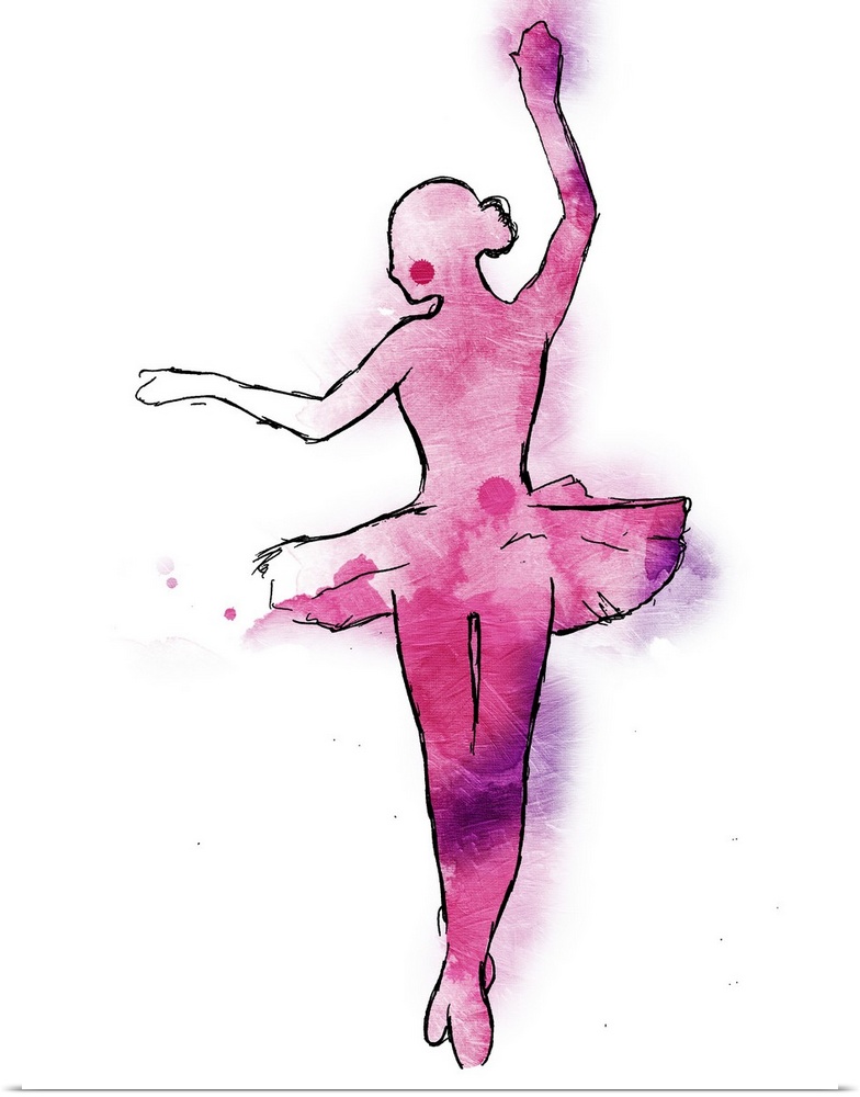 A black outline of a ballerina wearing a tutu painted with pink and purple hues on a white background.