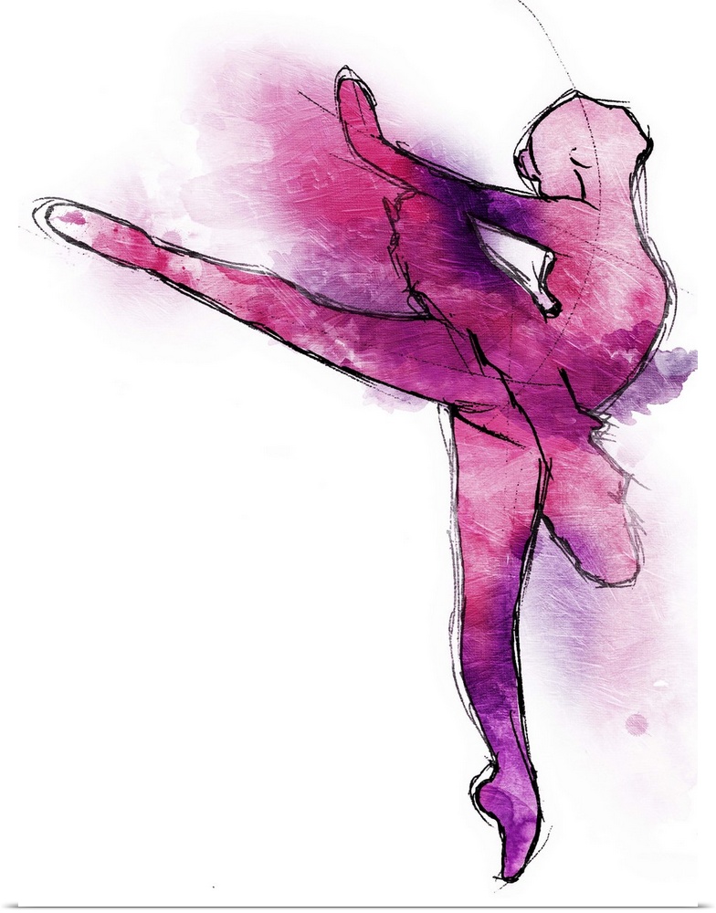 A black outline of a ballerina in motion painted with pink and purple hues on a white background.