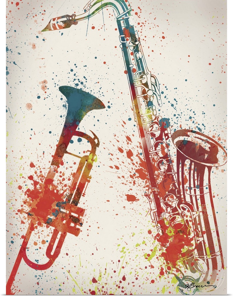 A trumpet and saxophone in brightly colored paint splatters.