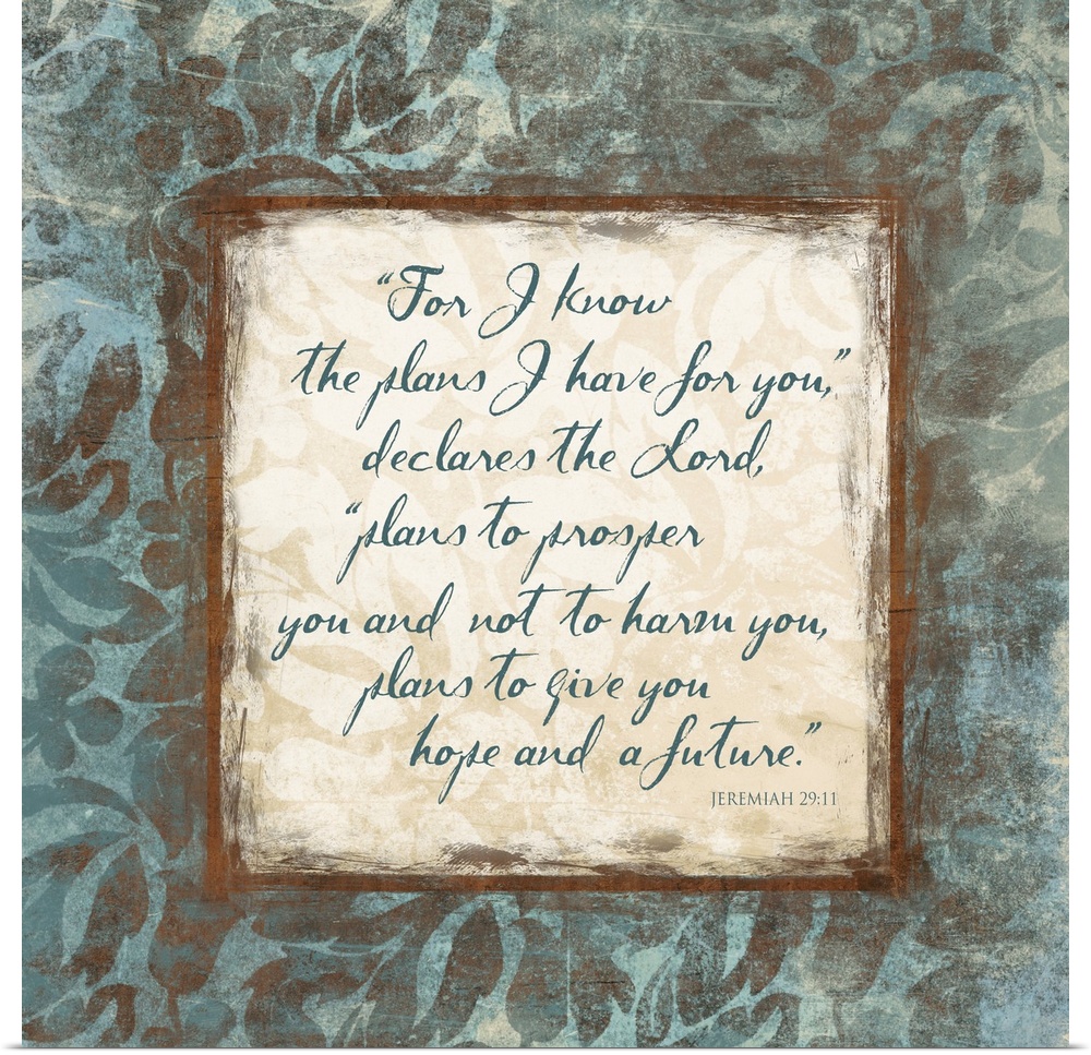 Scripture artwork with script "Jeremiah 29:11" from the bible, surrounded by a floral pattern.