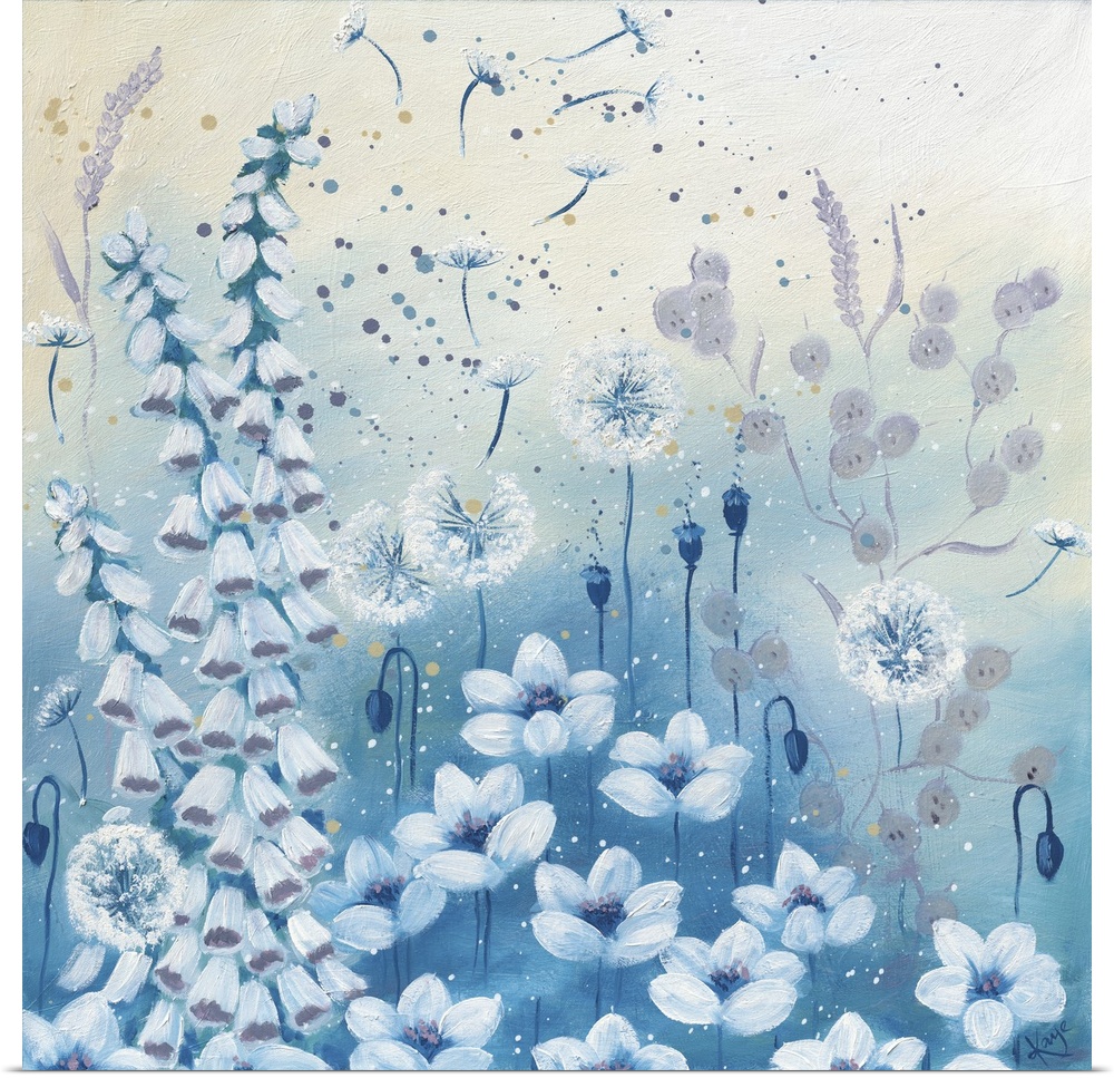 Contemporary artwork of several white dandelions and bluebells on a pastel blue background.