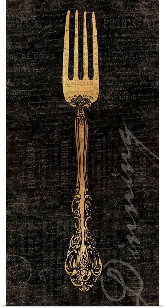 artwork of decorative antique kitchen fork against dark textured background.