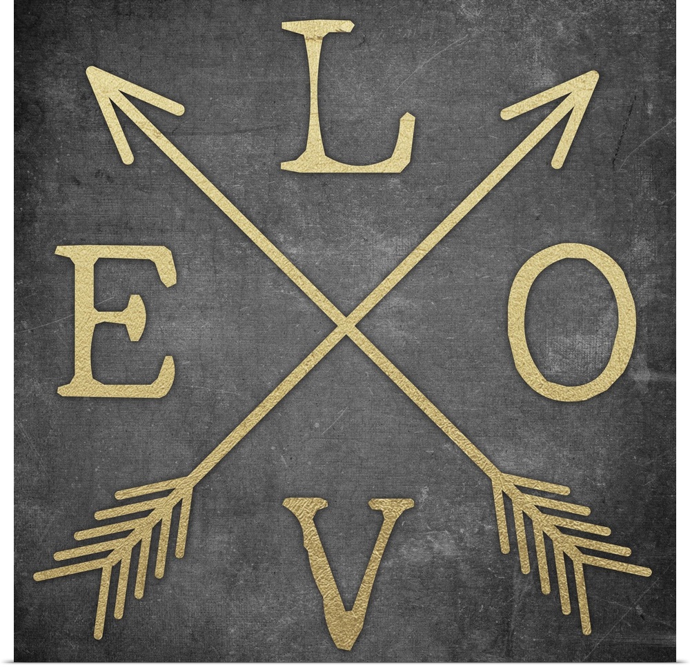 Contemporary home decor typography artwork of the word LOVE in gold against a black background.