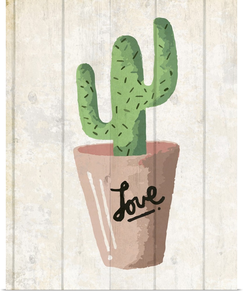 A painting of a cactus in a clay pot with the word ?love? written on it placed on a wooden background.
