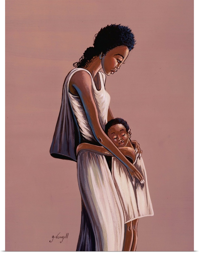 Contemporary African painting of a mother holding her child close.