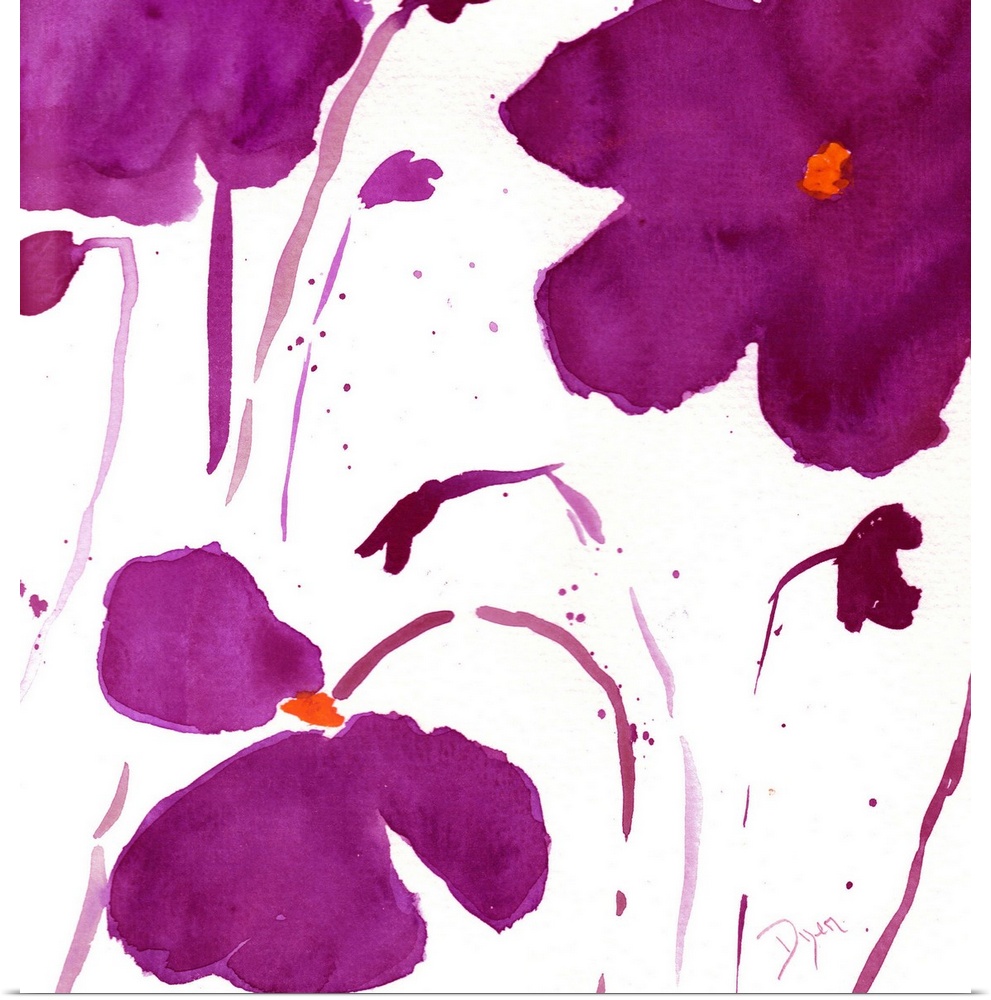 Watercolor painting of dark purple flowers on a white surface.