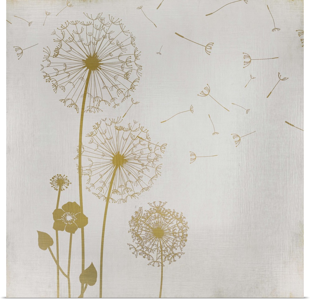Gold dandelions and a flower on a faint lined textured background.