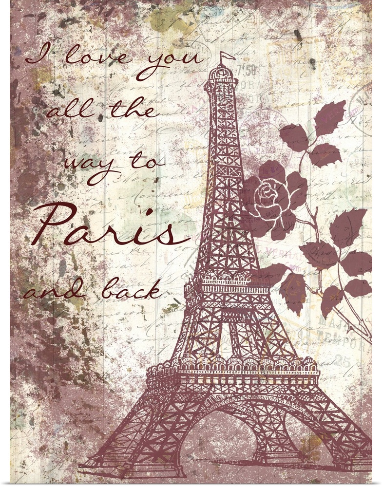 Artwork of the Eiffel tower and flowers in a pale vintage red against a weathered paper texture with writing.