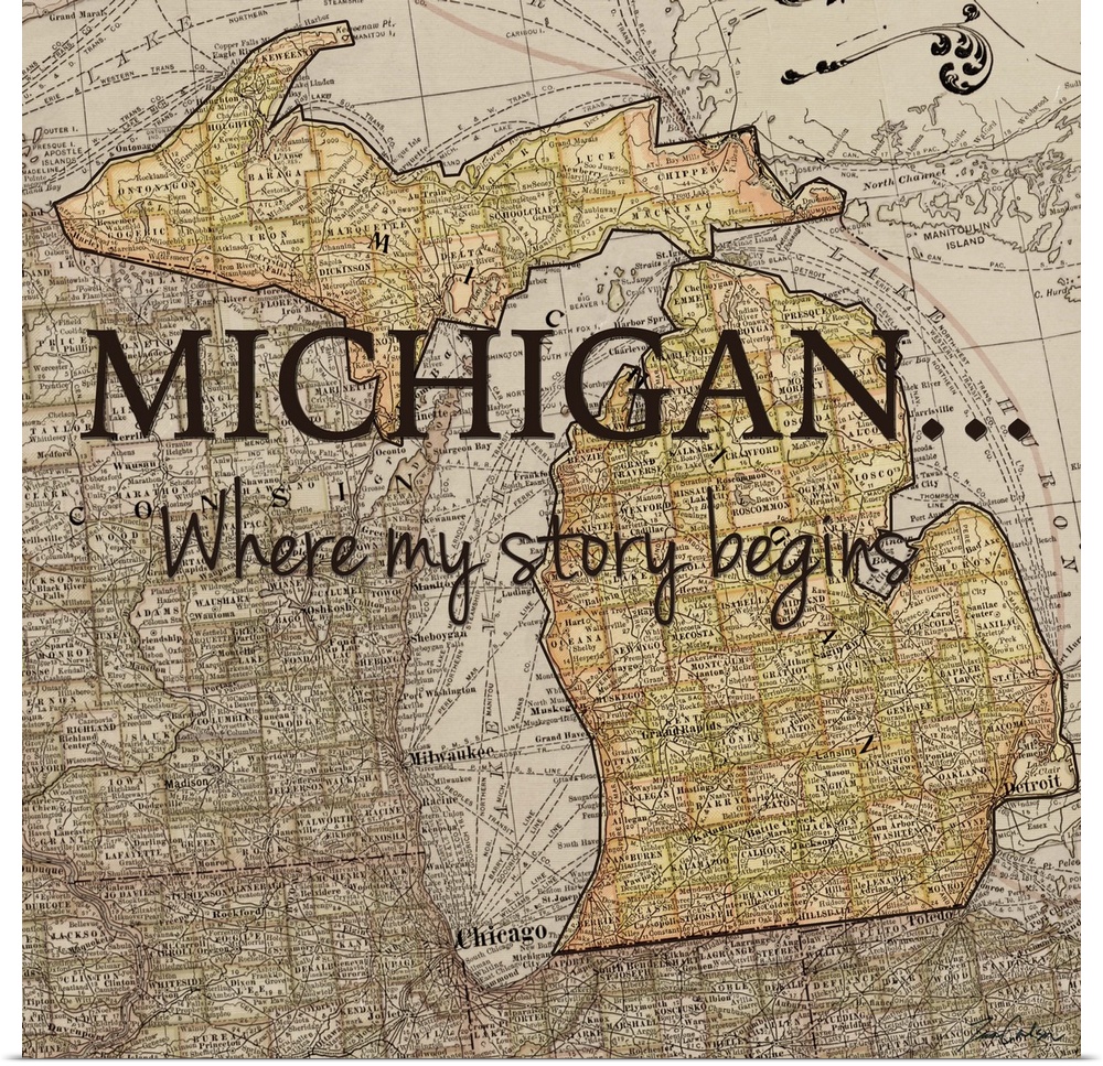 Black text over a map of the state of Michigan.