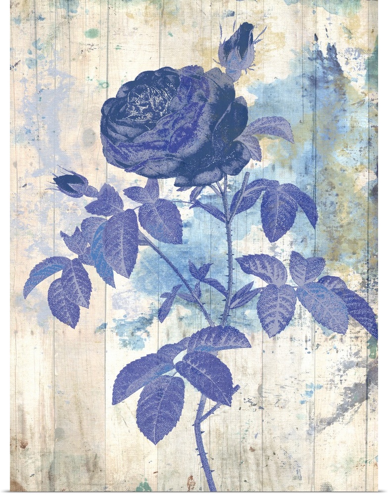 Artwork of a blue flower against a weathered and washed looking background.