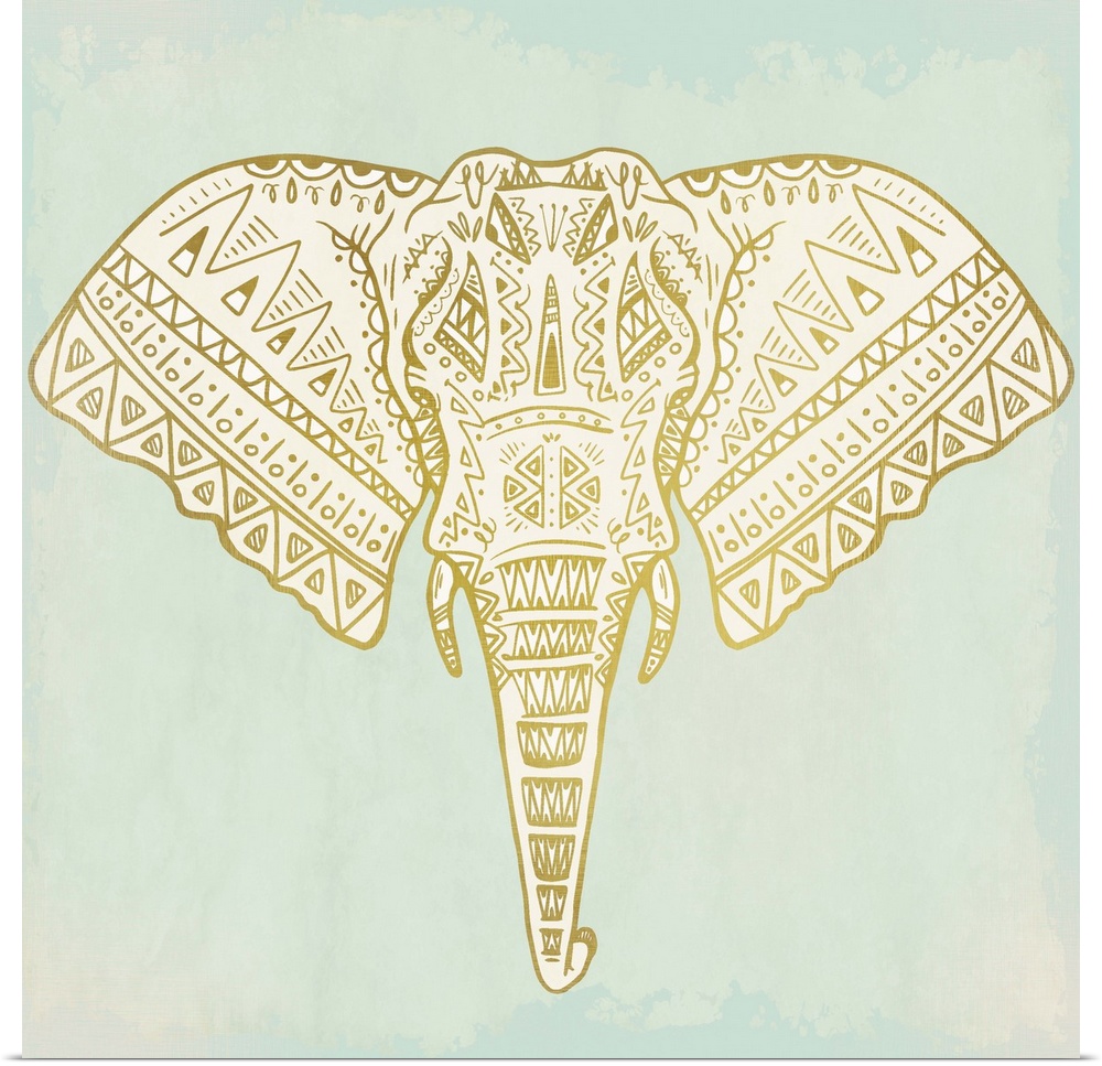 Square art of a uniquely designed metallic gold elephant on a light blue-green painted background.