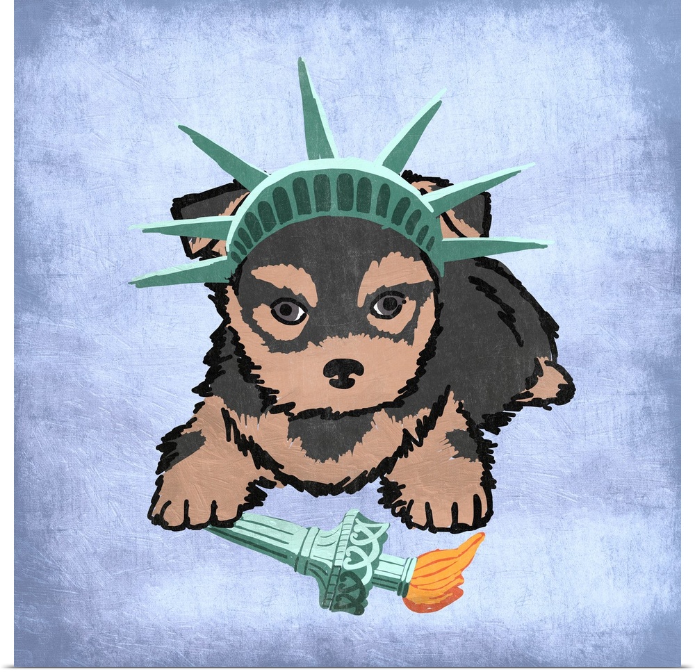 A painting of a yorkie dressed up like the Statue of Liberty.