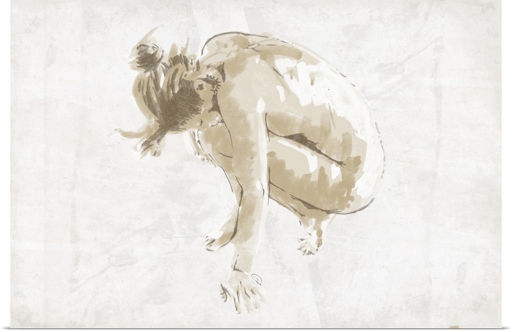 Illustration of female nude in crouched position with knees against chest, with palms on the ground.