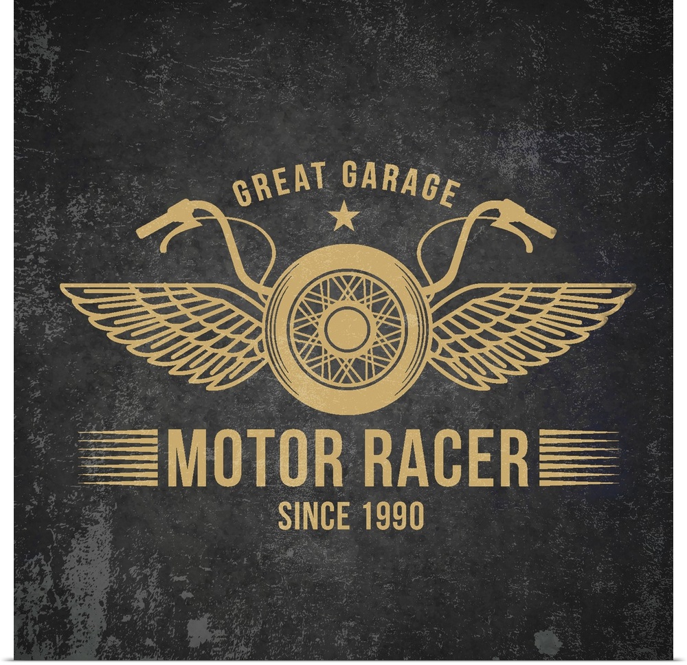 Gold and black garage sign with a motorcycle and wings design.