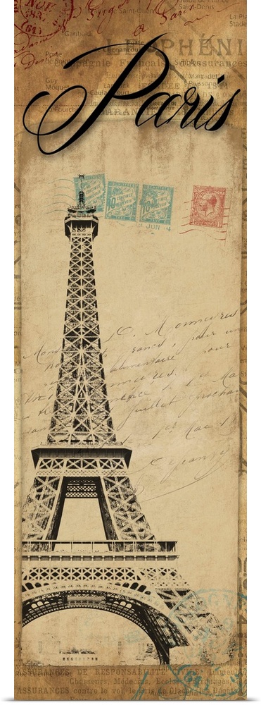 Artwork of the Eiffel Tower against a postage patterned background. With "Paris" at the top of the image.