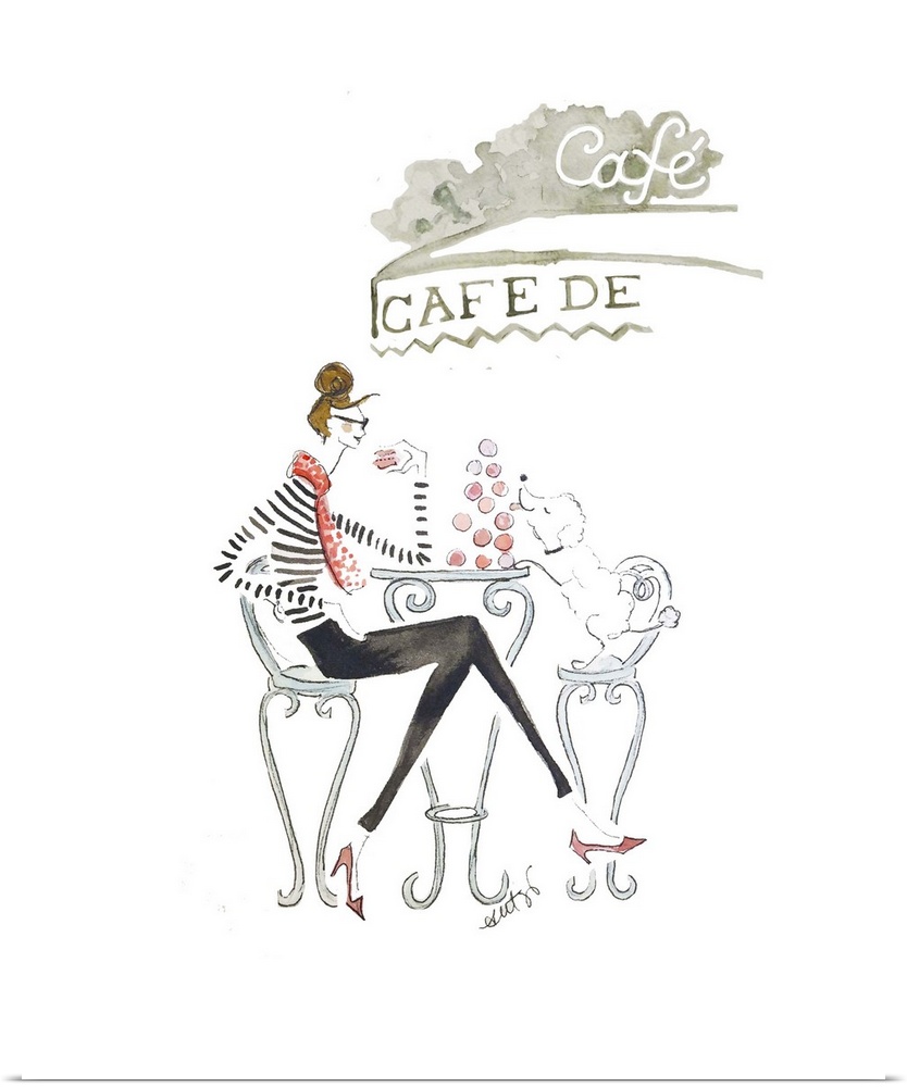 Artwork of a slender fashionable woman sitting at a Parisian cafe table against a white background.