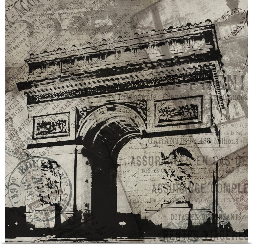 Contemporary artwork of the Arc de Triomphe against travel and postage documentation in black and white.