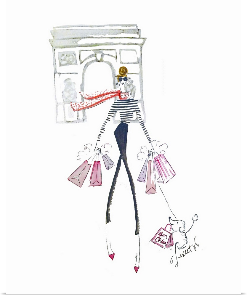 Artwork of a slender fashionable woman holding shopping bags while walking her dog with a Parisian landmark in the backgro...