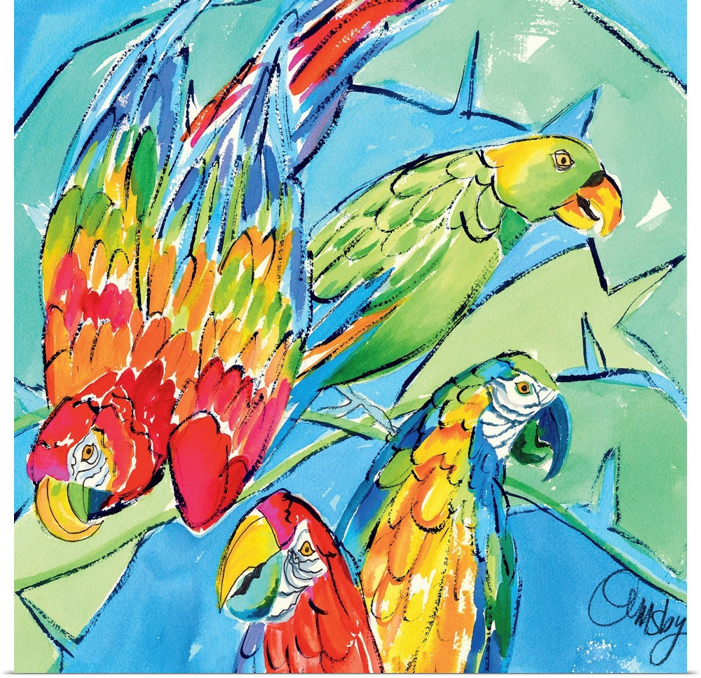 Contemporary artwork of three brightly colored macaw parrots. Surrounded by large lush tropical leaves.