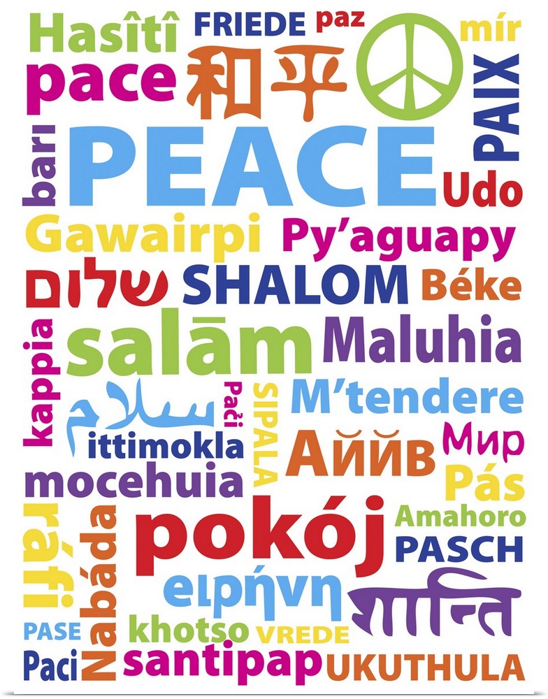 Typography art with the word "Peace" in many different languages.