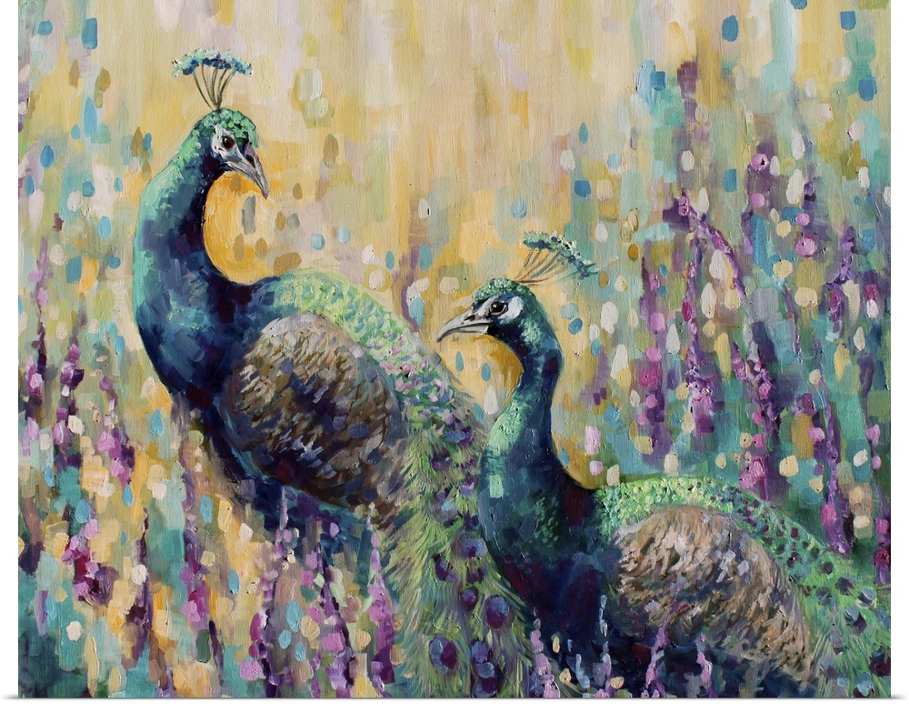 Contemporary painting of two peacocks against a colorful abstract background.