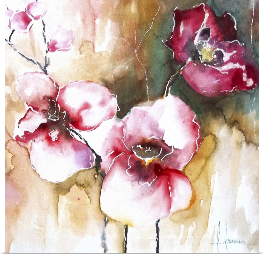 Contemporary painting of several bright pink orchid flowers.