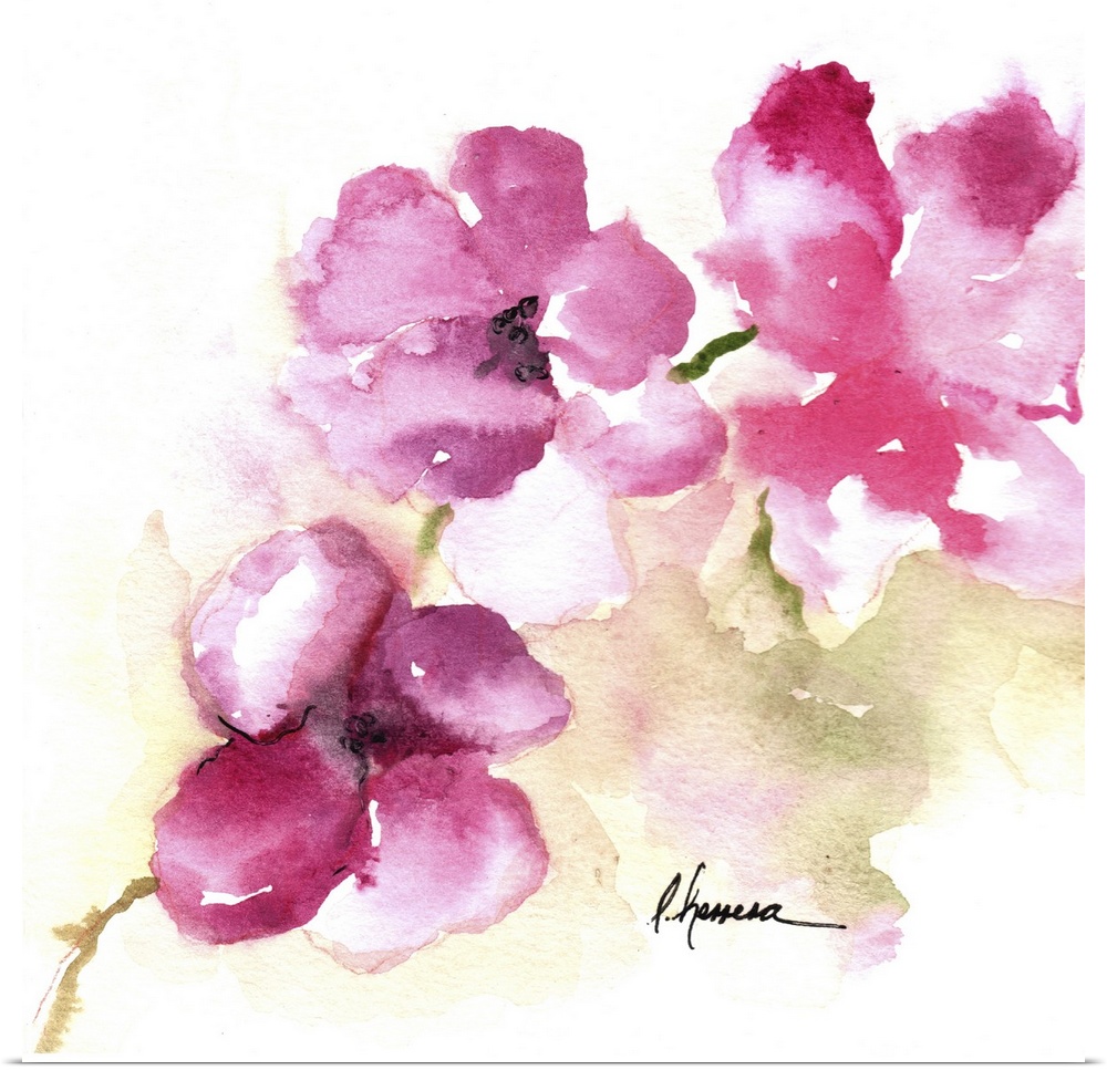 Watercolor painting of delicate pink posy flowers.