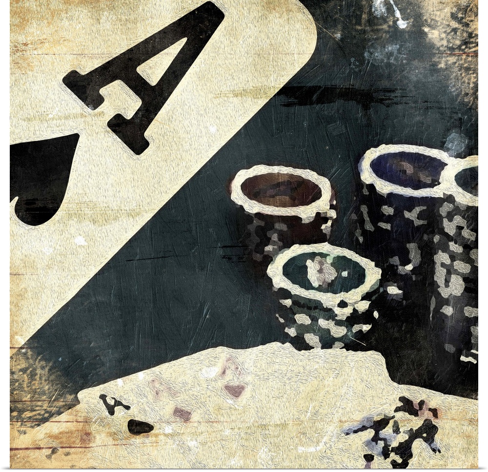 Poker chips and playing cards in an abstract, vintage style.