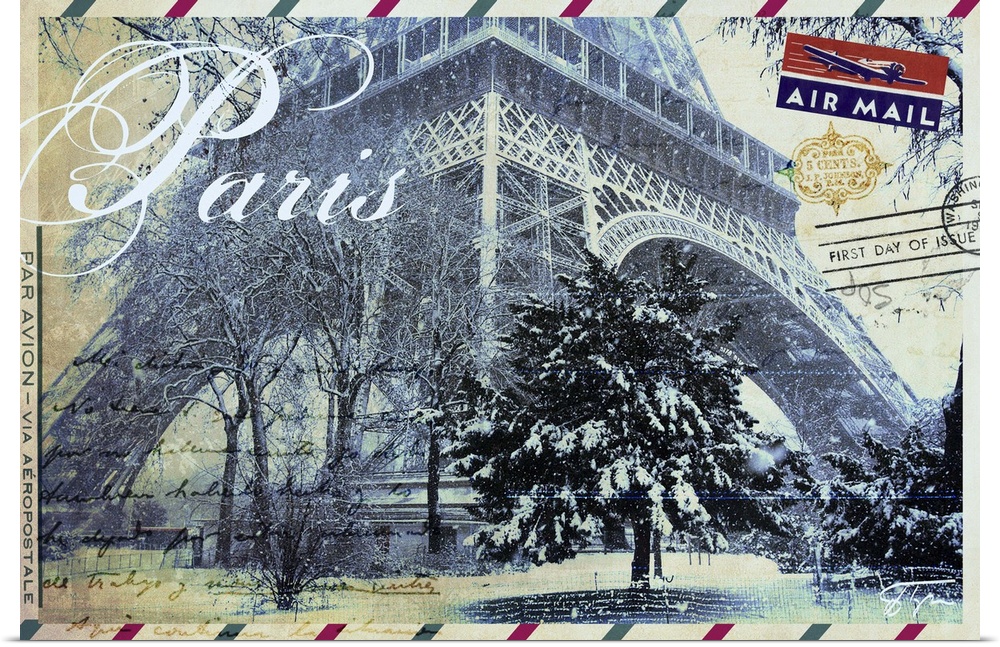 Contemporary Paris postcard artwork with the Eiffel tower on the face of the card.