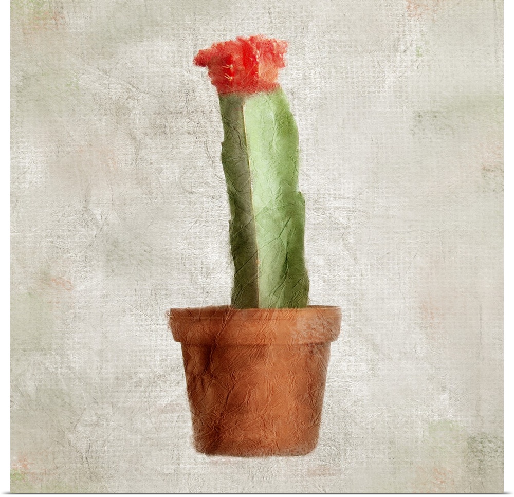 A textured painting of a potted cactus with a flower blooming at the top.