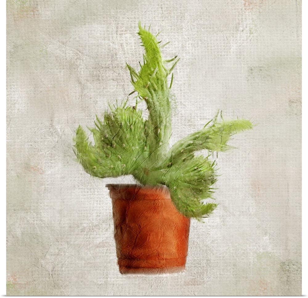 A textured painting of a potted cactus.