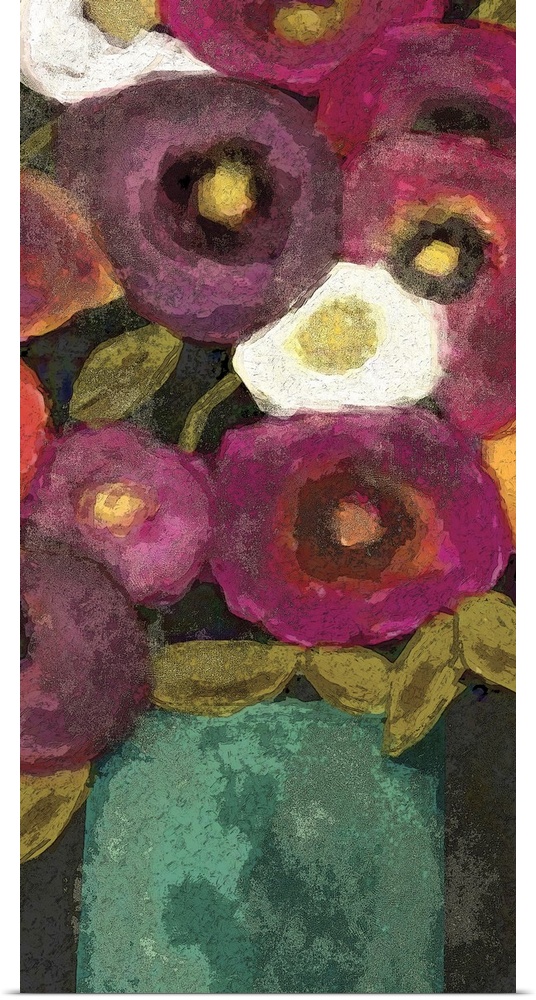A contemporary painting of a flower arrangement that has pink, purple and orange flowers set in a teal vase.