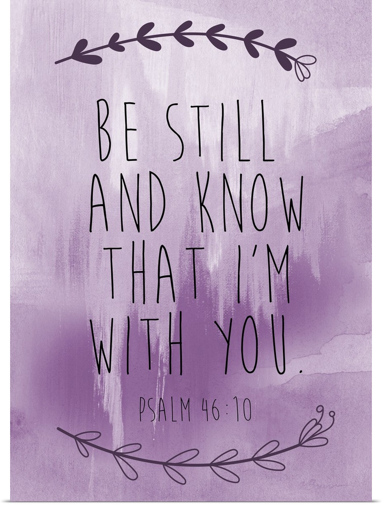 Bible verse with a simple laurel motif over a lavender watercolor wash.