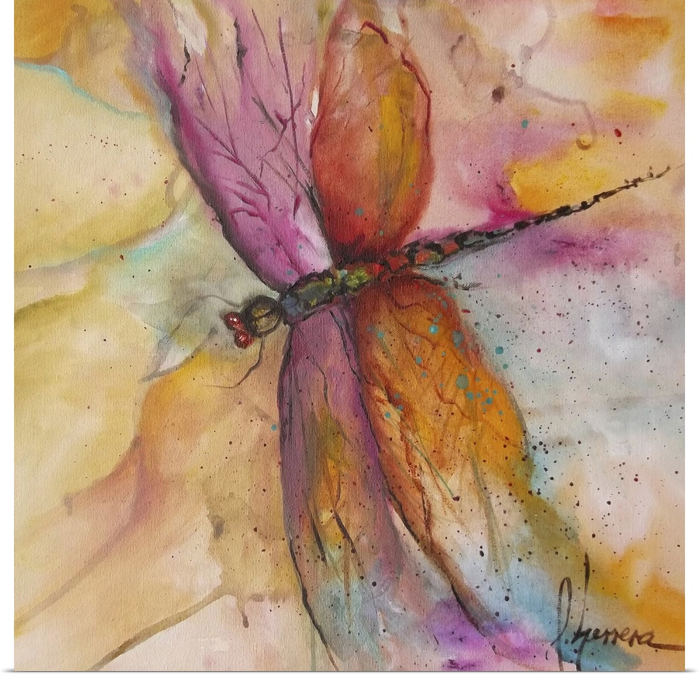 Contemporary watercolor painting of a colorful dragonfly.