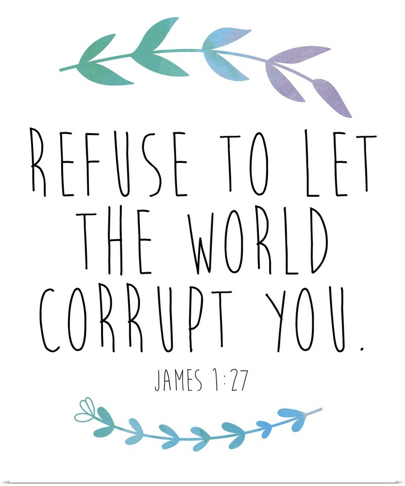 Bible verse James 1:27 with a blue laurel motif.