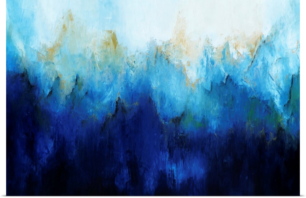Contemporary abstract painting in shades of blue ranging from pale blue to deep navy.