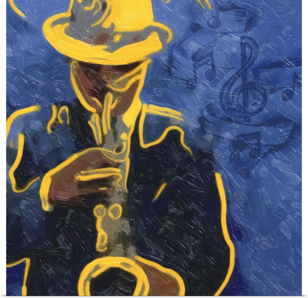 Painting of a man playing the blues on his saxophone.