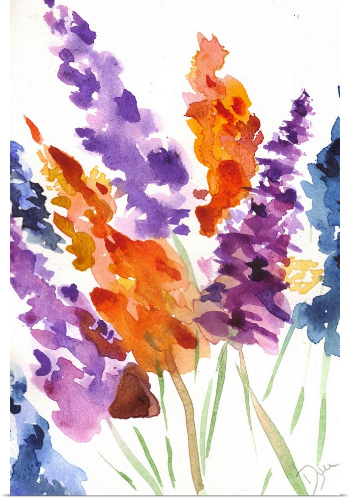 Watercolor painting of brightly colored blooming flowers against a white background.