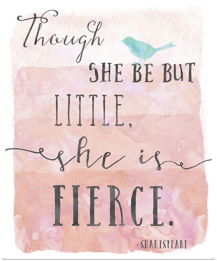 "Though she be but little, she is fierce" handwritten on a pink watercolor background with a small blue bird.