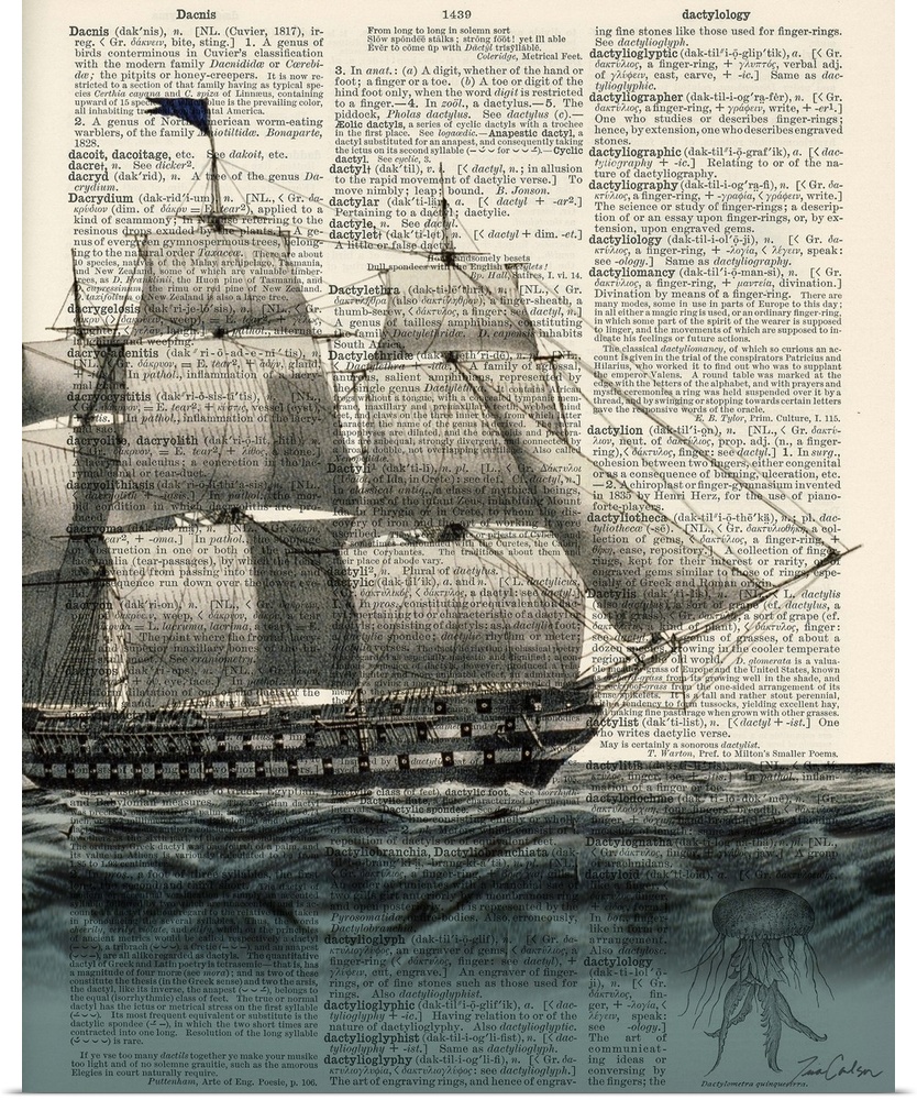 Contemporary artistic use of a page from a dictionary with a ship sailing on the water on top of the text.