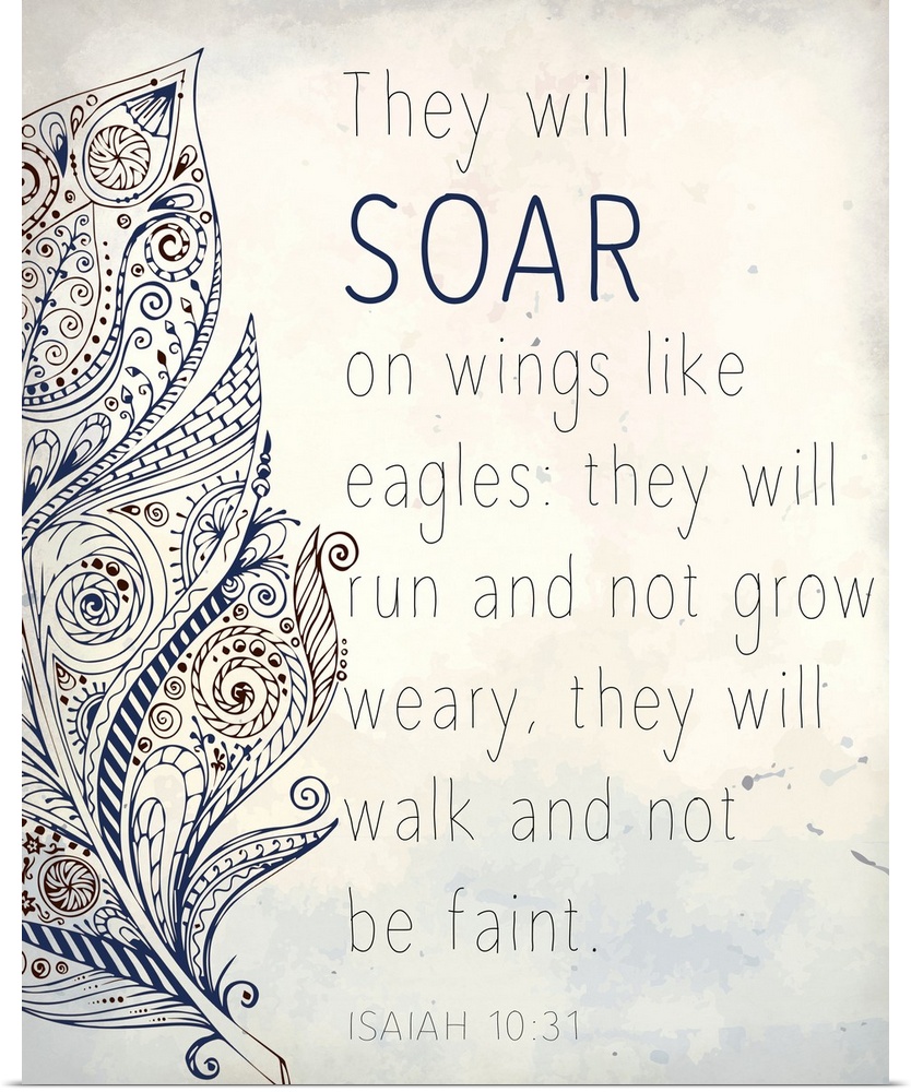 Typography artwork of the Bible verse Isaiah 1:31 with a patterned feather design.