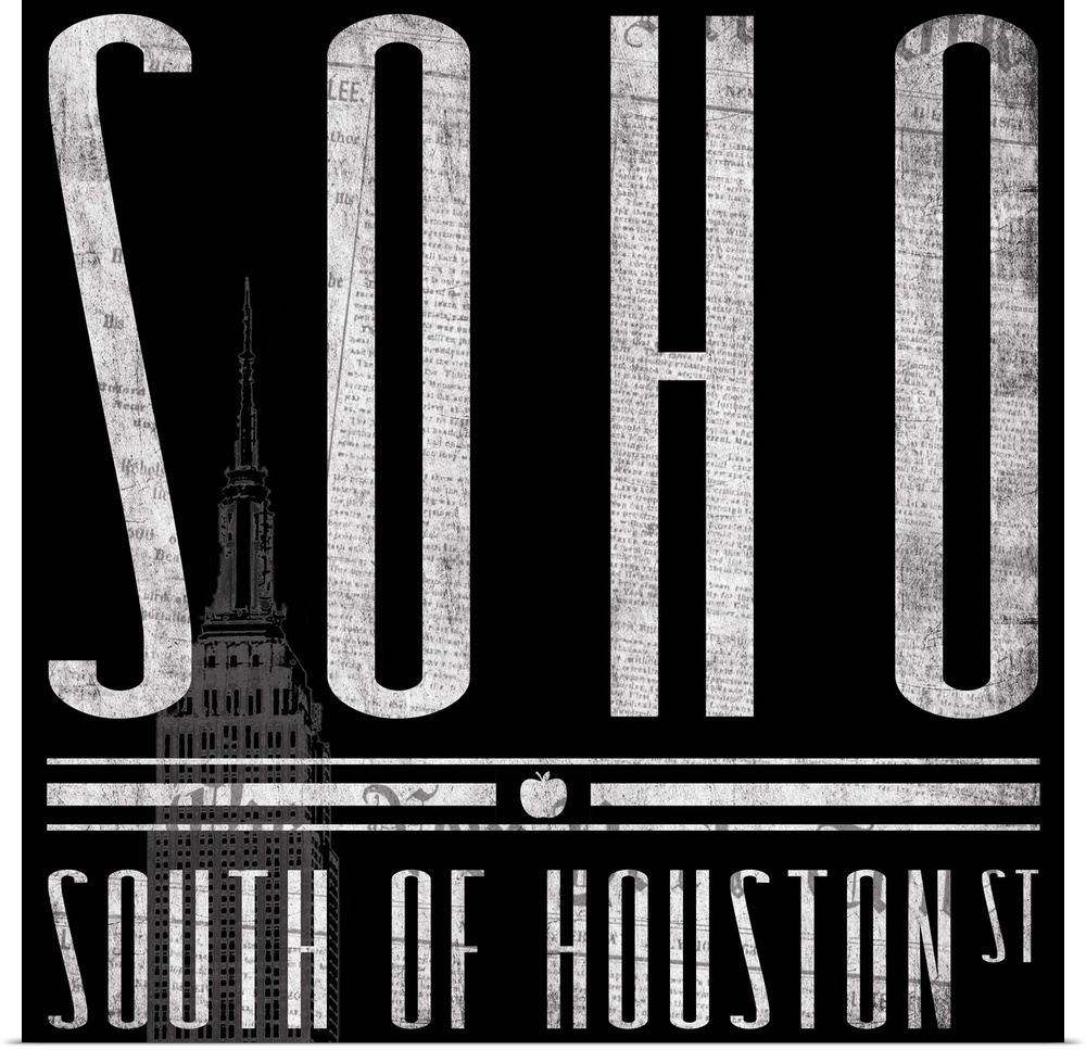 Typographical artwork of New York City destination SOHO against a black background, with the Empire State Building.