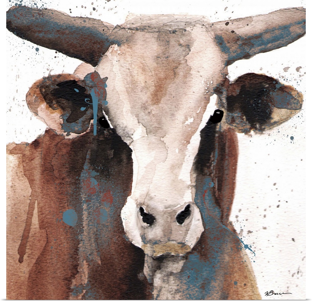 Contemporary painting of a bull against a white background with teal paint splatter in the foreground.