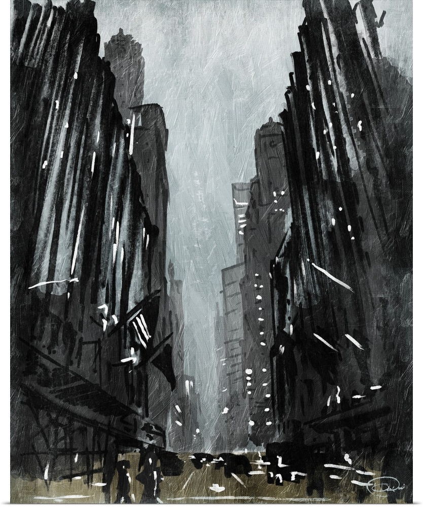 A dark contemporary abstract painting of a city street view on an overcast day.